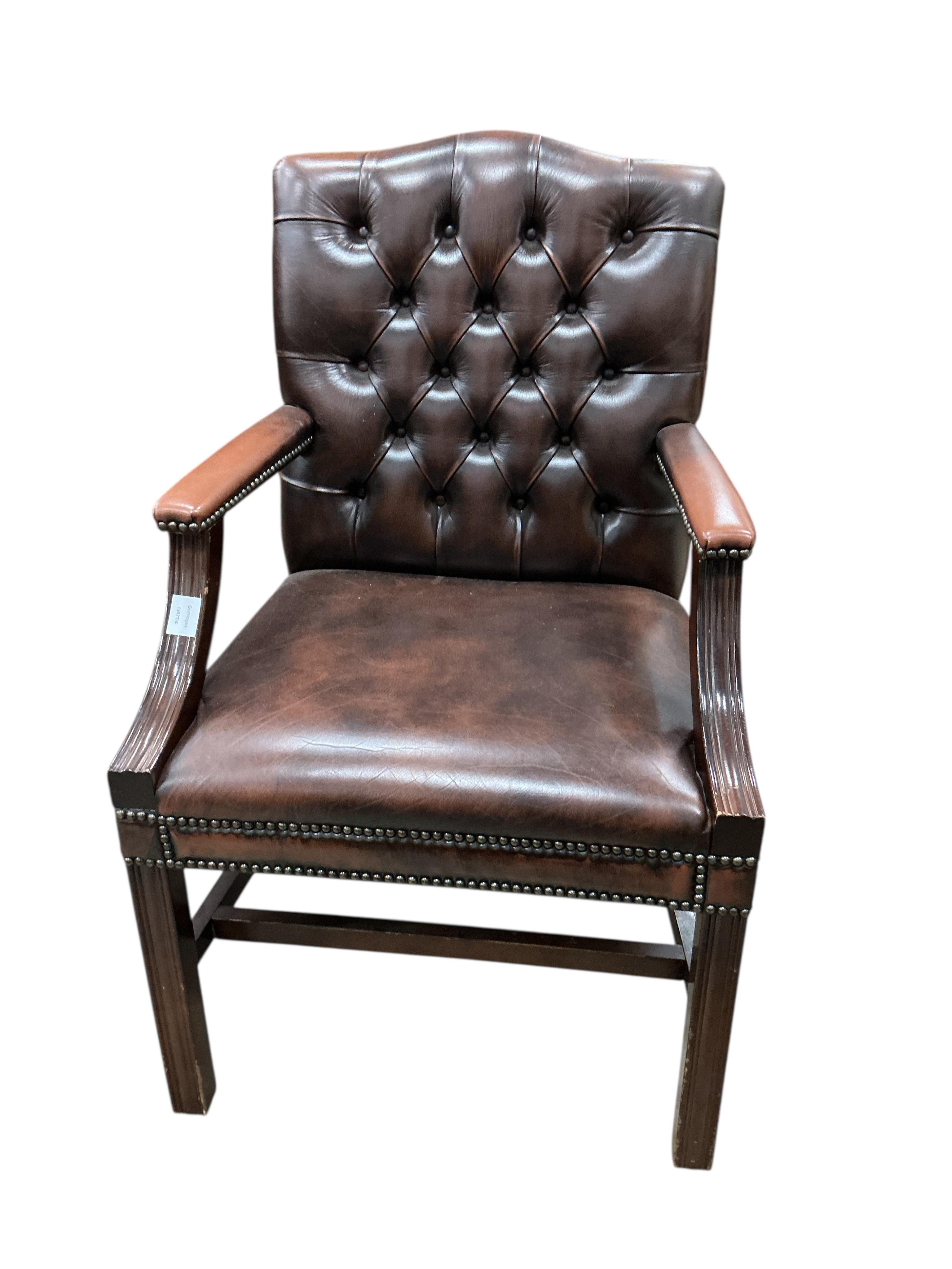 Three George III style button brown leather mahogany Gainsborough type chairs, width 62cm, depth 52cm, height 98cm